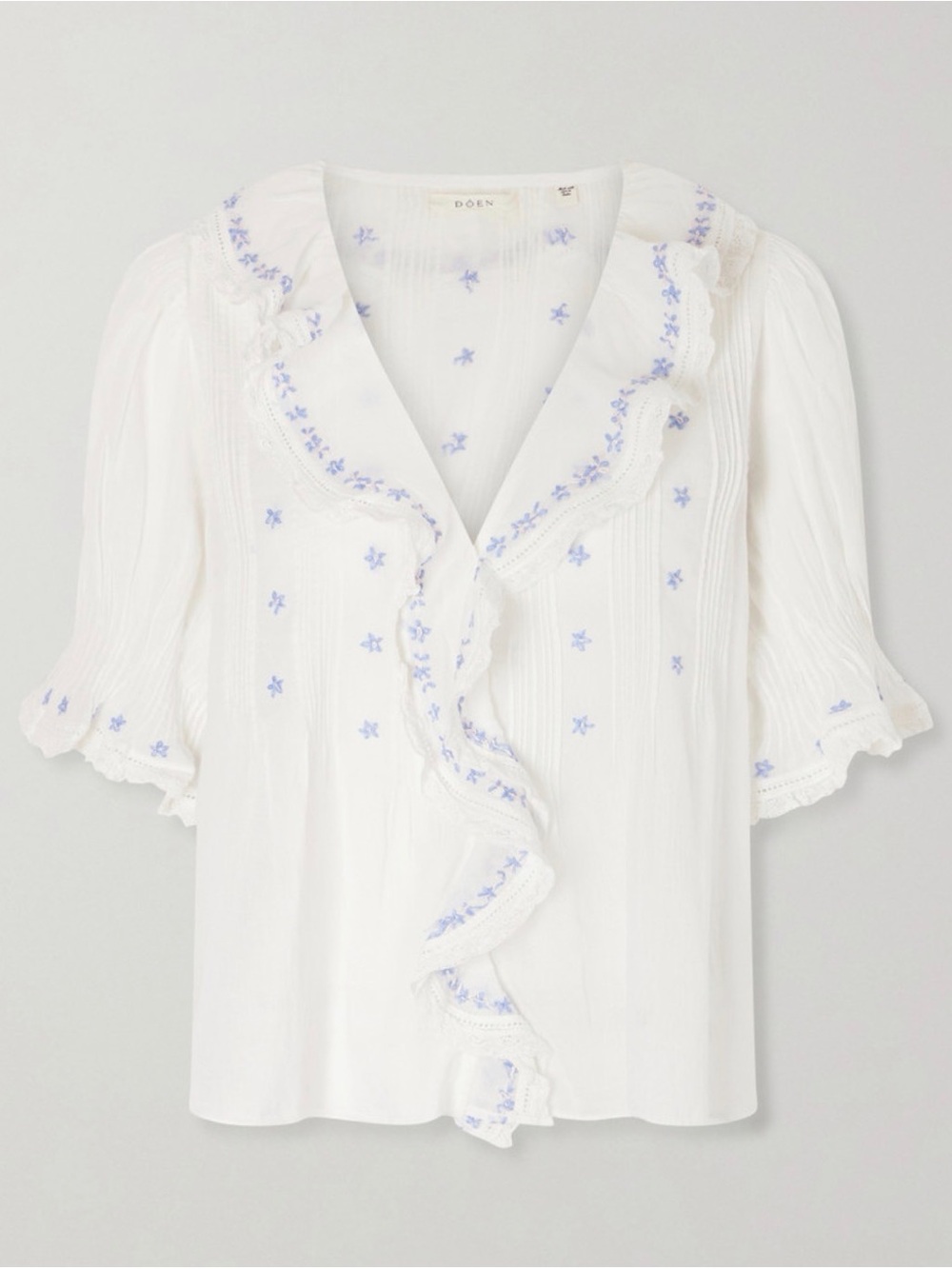 NWOT Dôen Hettie Embroidered Blouse, blue embroidered daisies, lace-trim ruffles